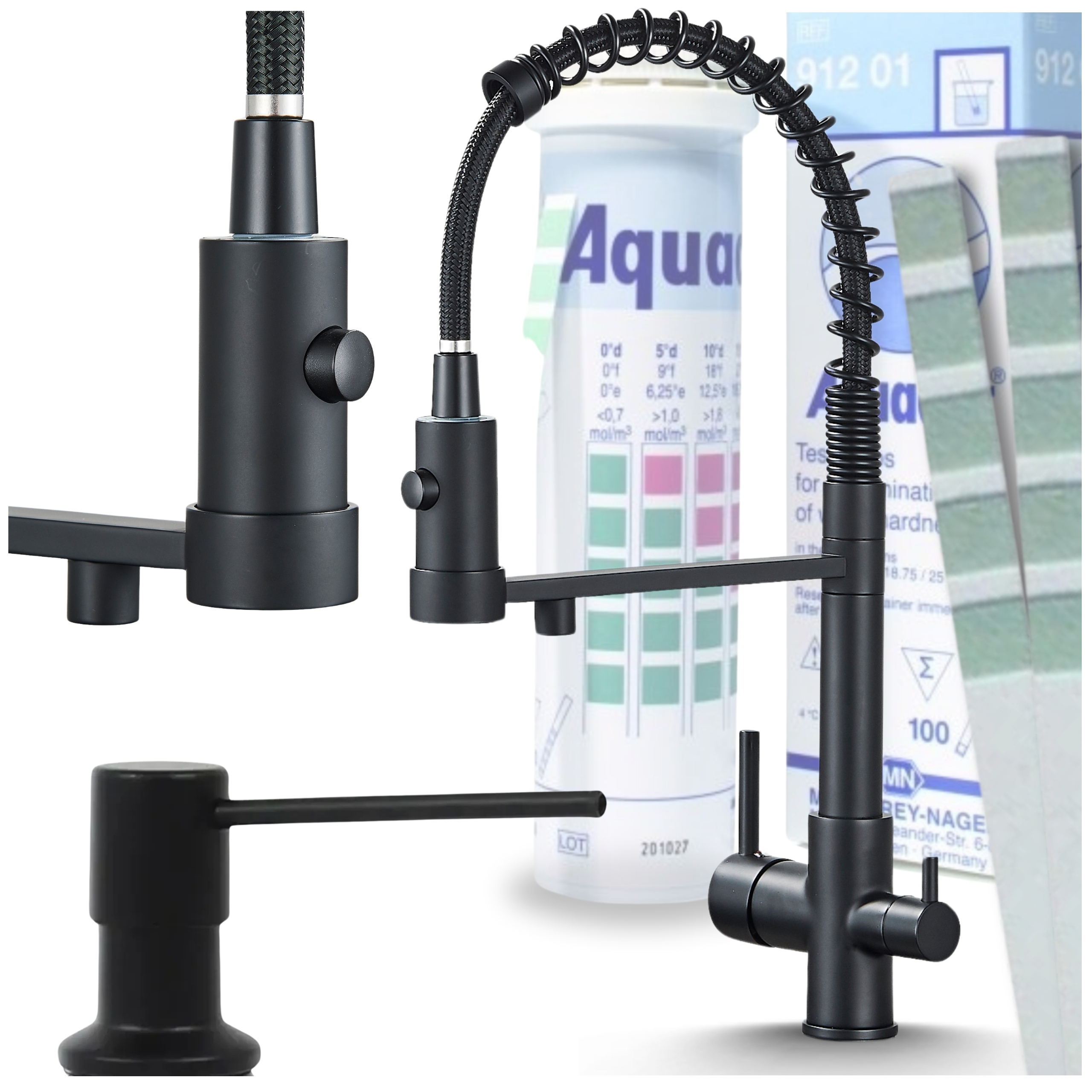 Kuchynská Batéria trojcestná s ohybným výtokom a dávkovačom čierna matná Komplet