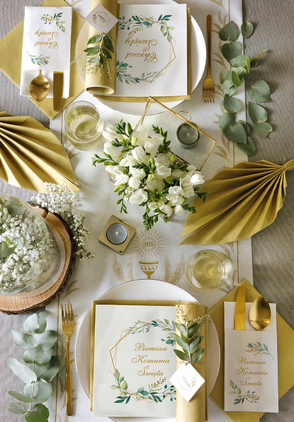 Zestaw Komunijny KOMUNIA Święta Bieżnik Organza Serwetki Boho Eukaliptus Marka PartyPro