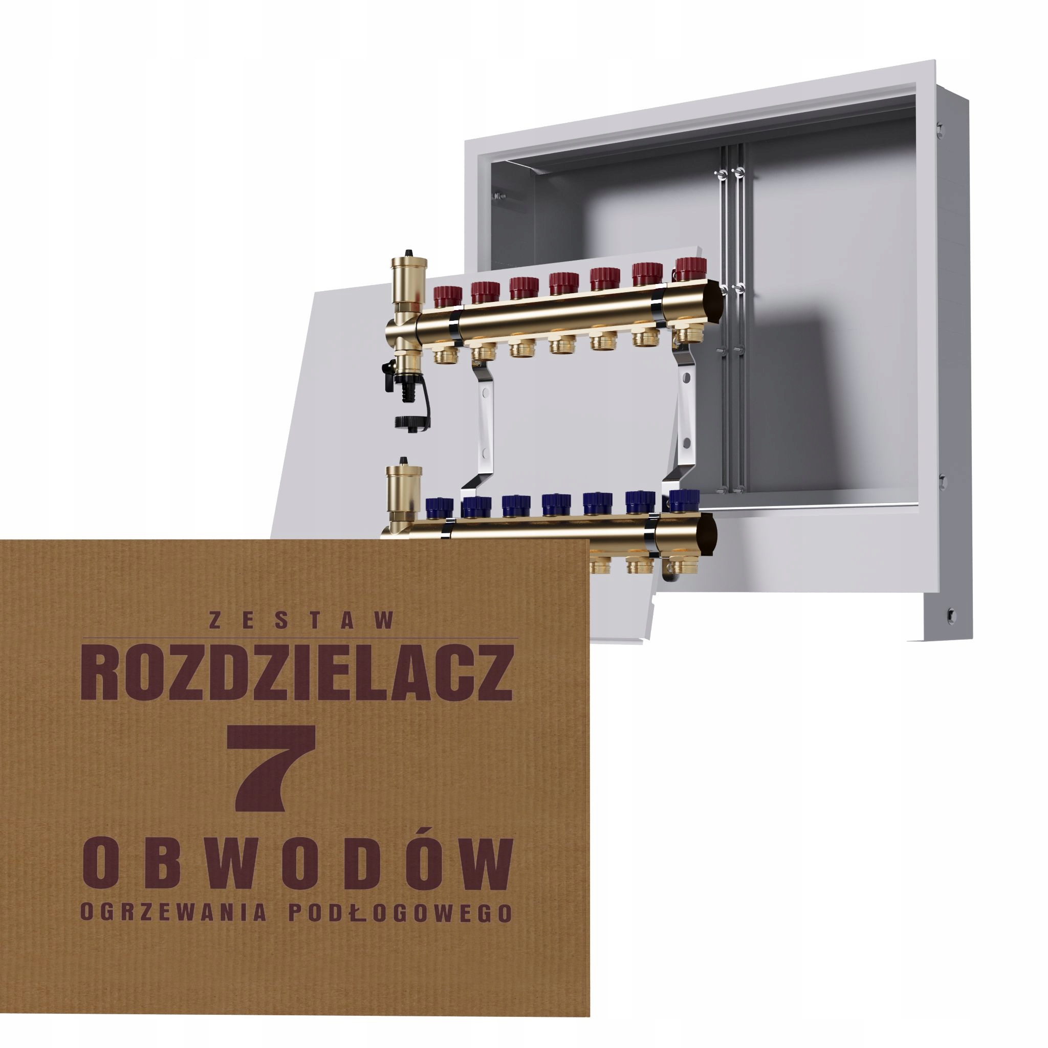 Manuální rozdělovač 7 okruhů pro radiátory podomítková skříňka