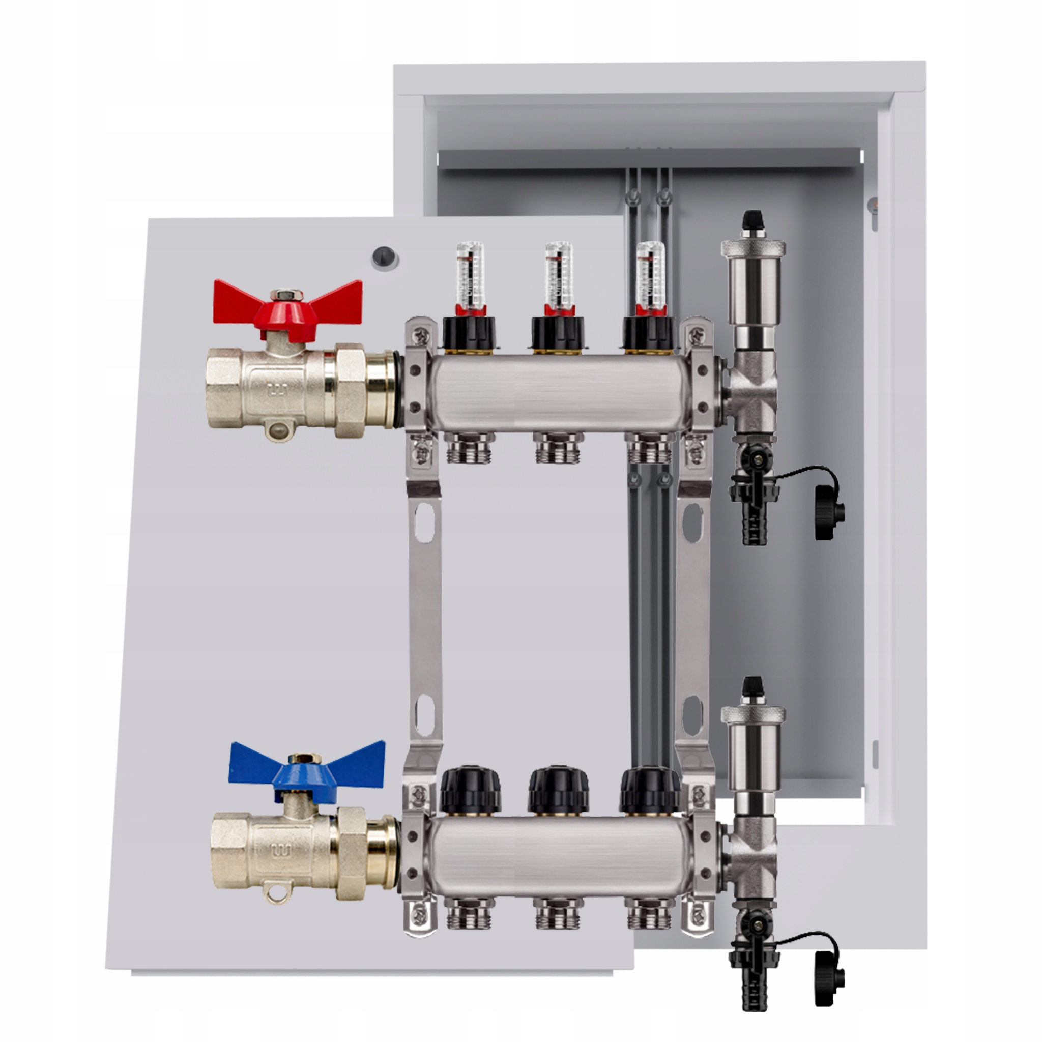 Nerezový rozdělovač pro podlahu 3 okruhy nástěnná skříňka ventily