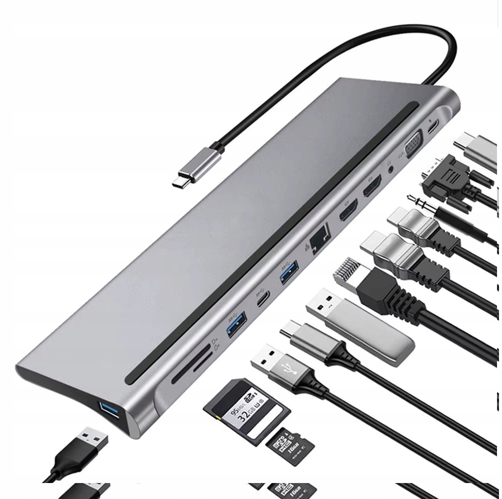 STACJA DOKUJĄCA HUB ADAPTER USB-C 12w1 RJ45 2x HDMI 4K ETHERNET VGA USB 3.0