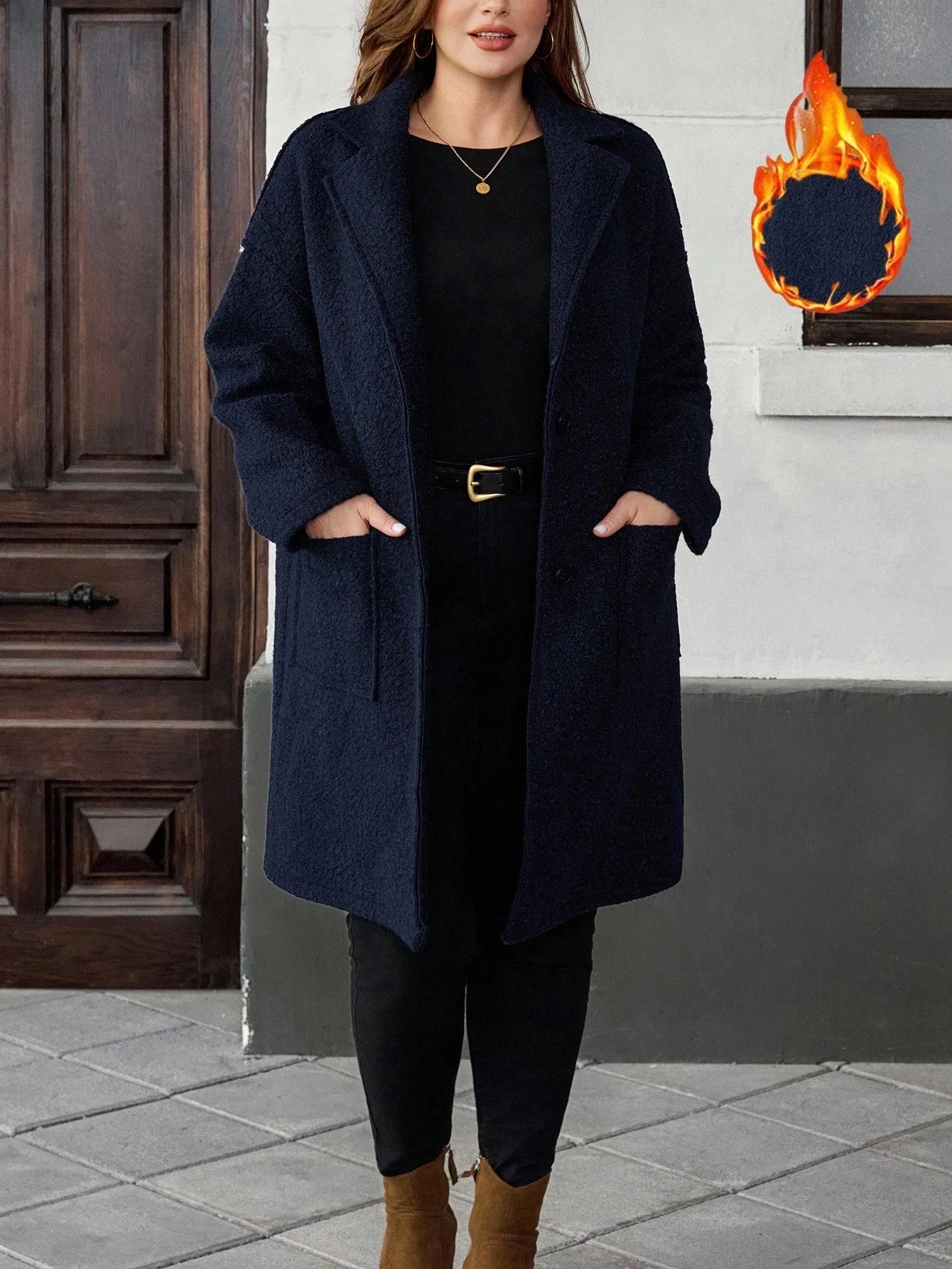 Dámský Kabát Teddy Tmavě Modrý MIDI Oversize Teplý Emery Rose 5XL 50