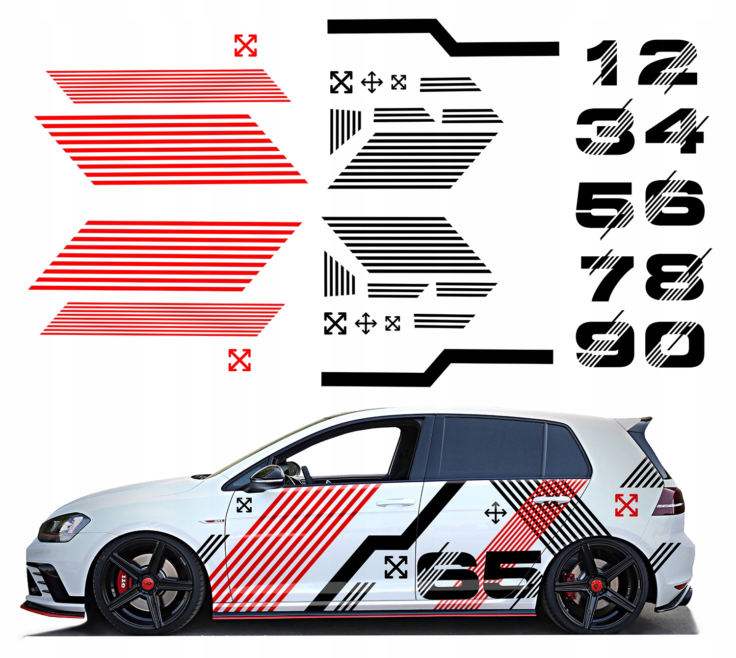 2x Samolepka Grafika na auto Motiv Pruhy Linky Číslice Pásy 94x670