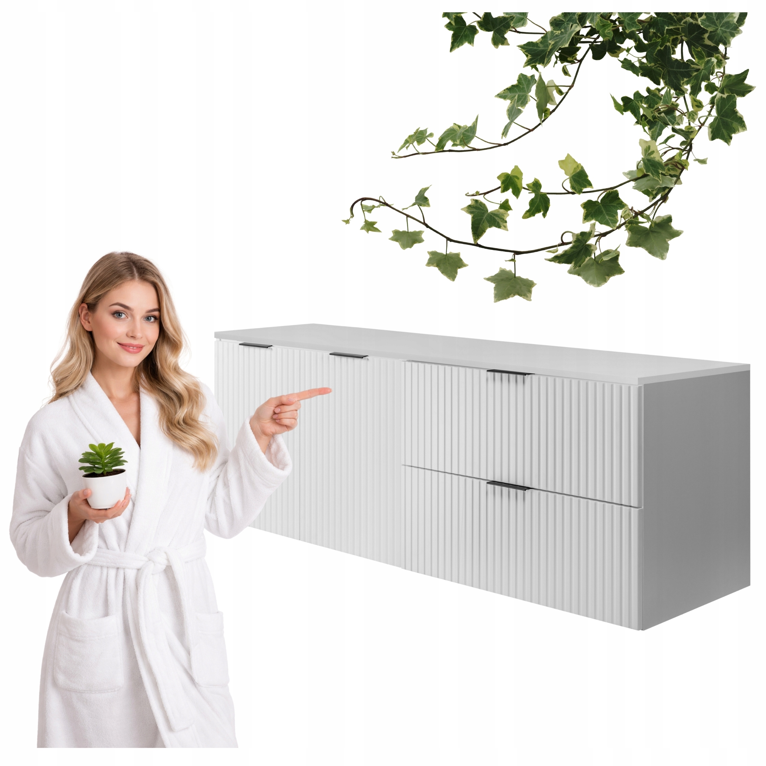 Szafka Łazienkowa Wisząca Szuflady Drzwi Flisan 140x46 CM Z Blatem Biała