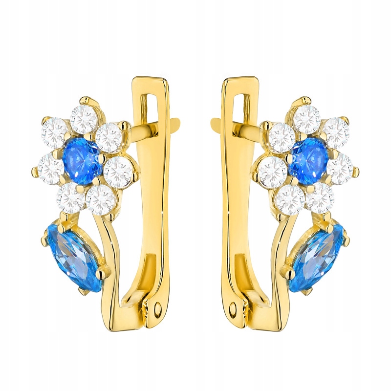 Zlaté Náušnice Anglické pr. 585 Květiny Bílé a modré Zirkony 14k