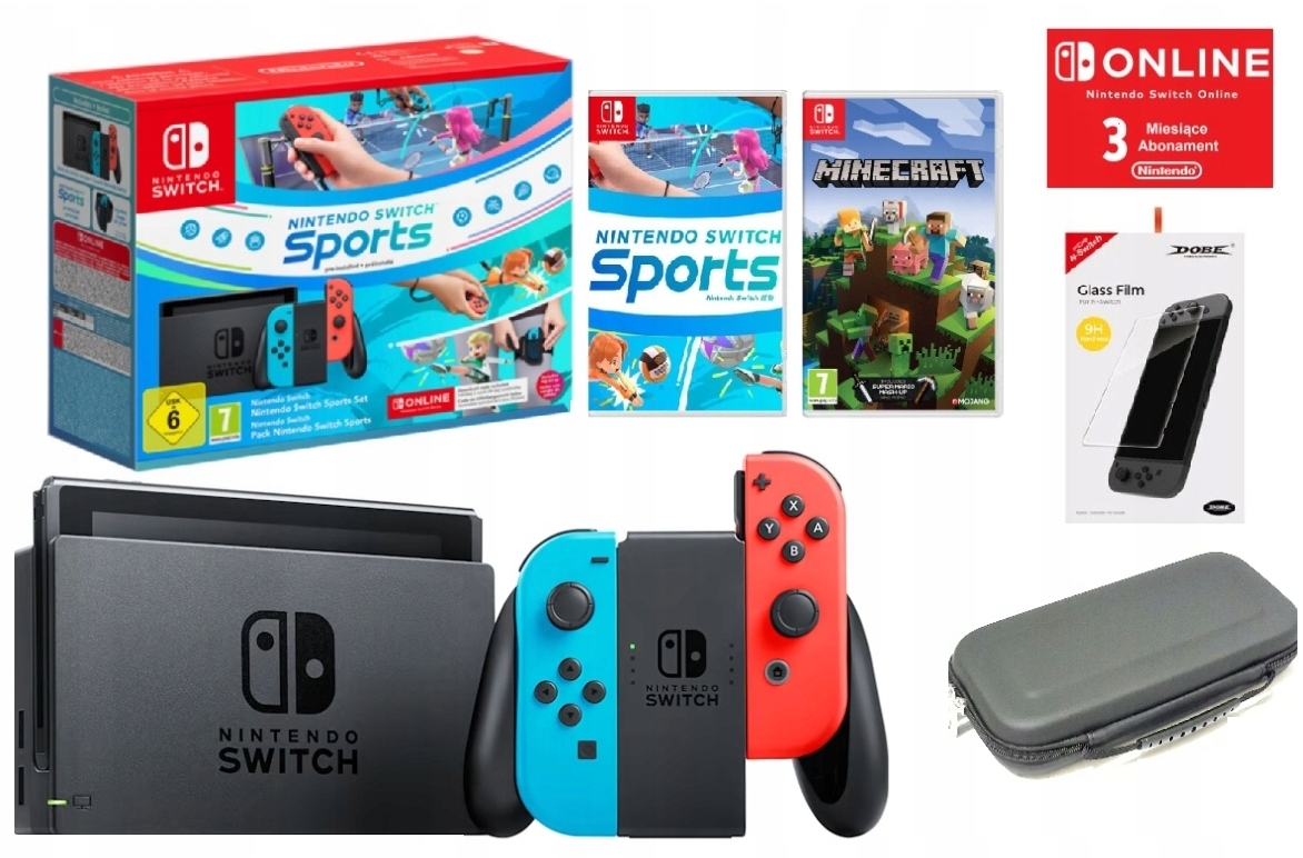 Nowa Konsola Nintendo Switch V2 Neon Sports Minecraft Etui Szkło