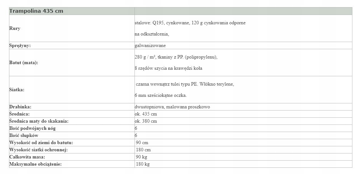 Trampolina zielona z siatką Jumpi 435 cm FT 14 (427-435 cm) Wysokość od podłoża 90 cm
