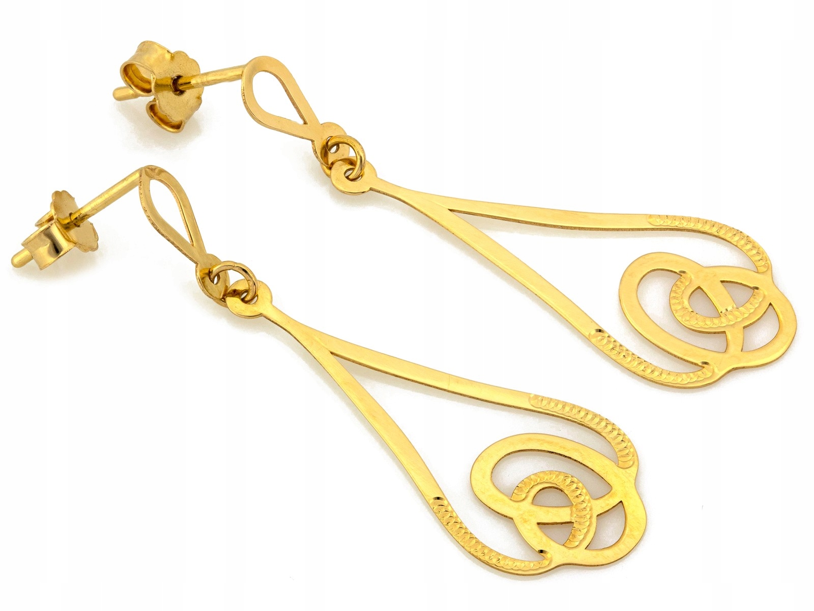 Dlouhé zlaté náušnice 585, pevné, proplétané, 1.48 g, elegantní vzor, dárek