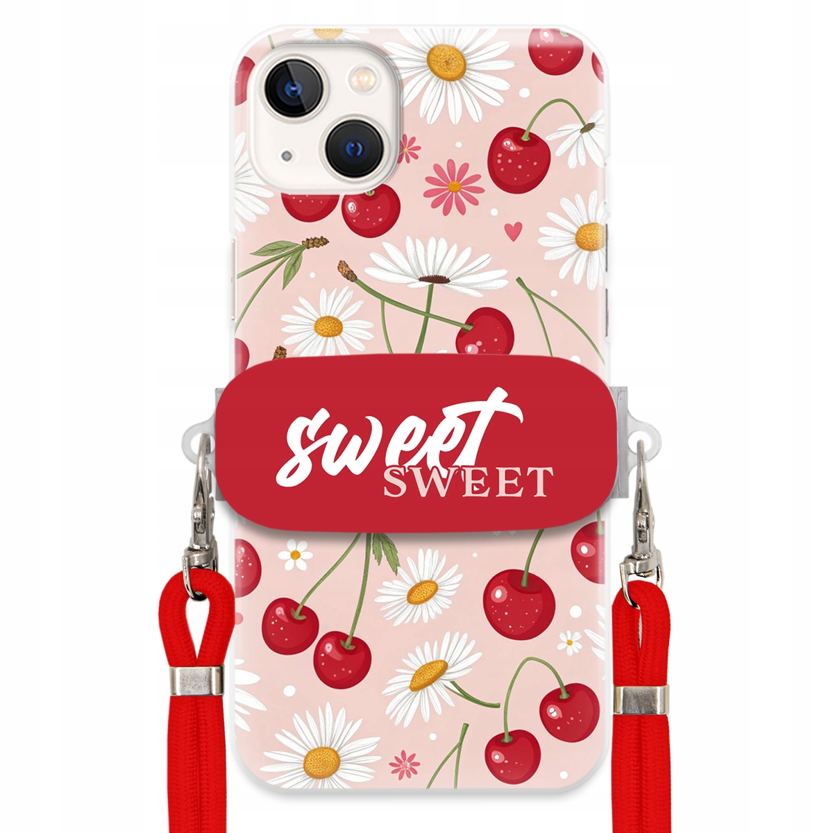 Puzdro pre iPHONE 14 Plus Červené vodítko Crossbody držiak Sweet Kvet čerešne