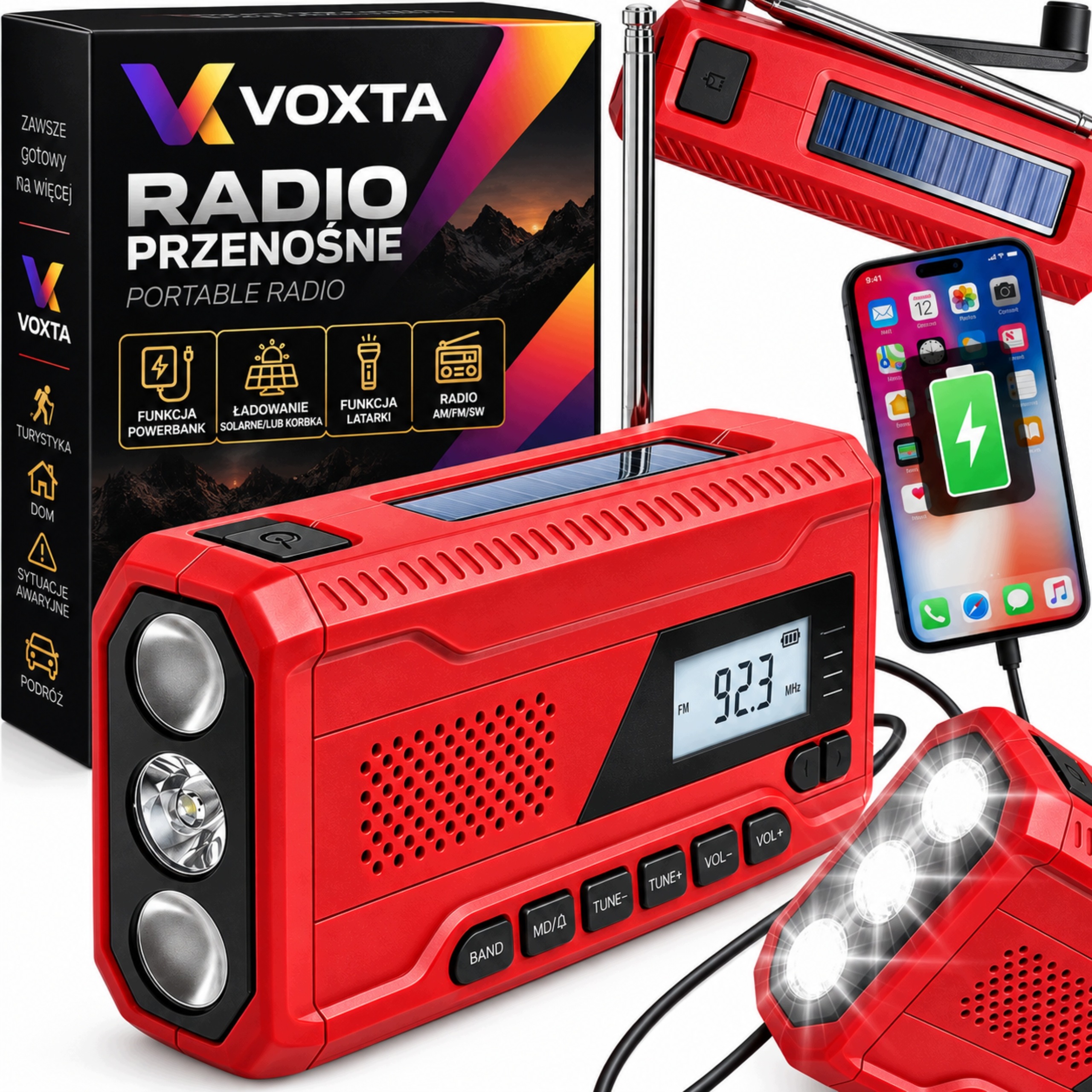 Radio Awaryjne Voxta Am Fm Wb Solar Dynamo Powerbank Latarka Led Sos Usb-c