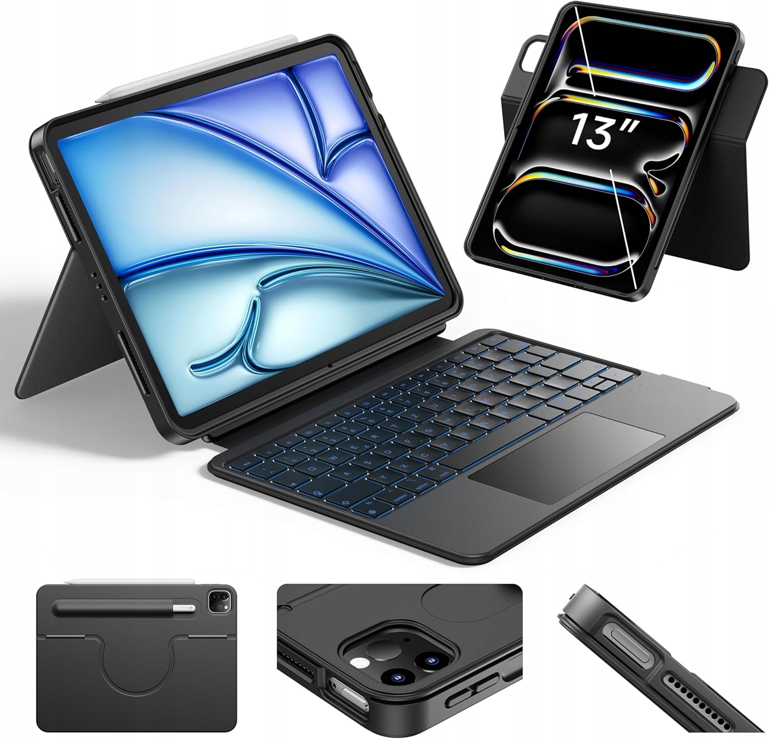 Pouzdro s klávesnicí pro iPad Air 13 M3 M2 a Pro 13 12 9 Hou 360° Qwertz