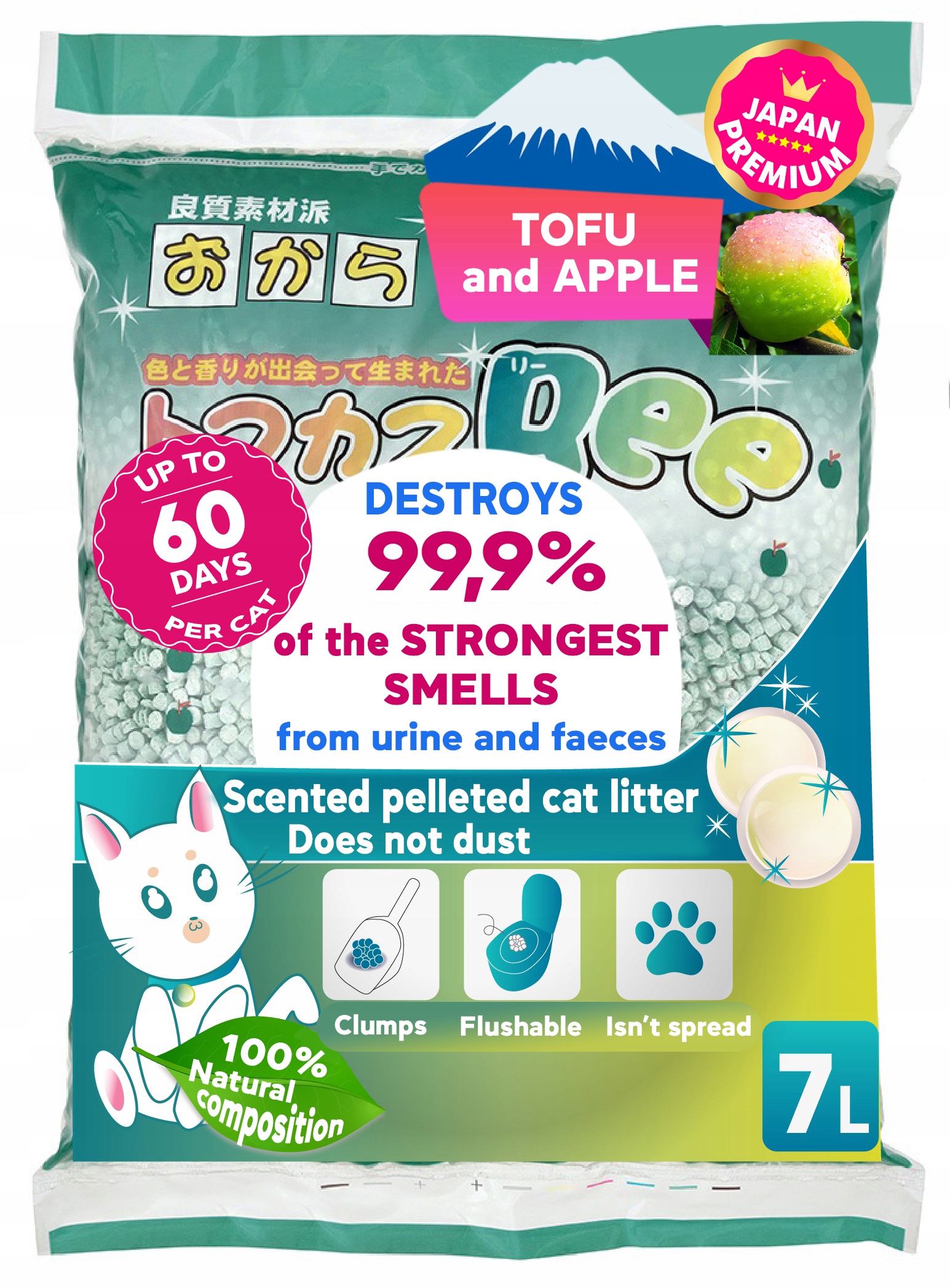 Levně Stelivo Pro Kočky 7 L Tofu Jablko, Proti Zápachu Japan Premium