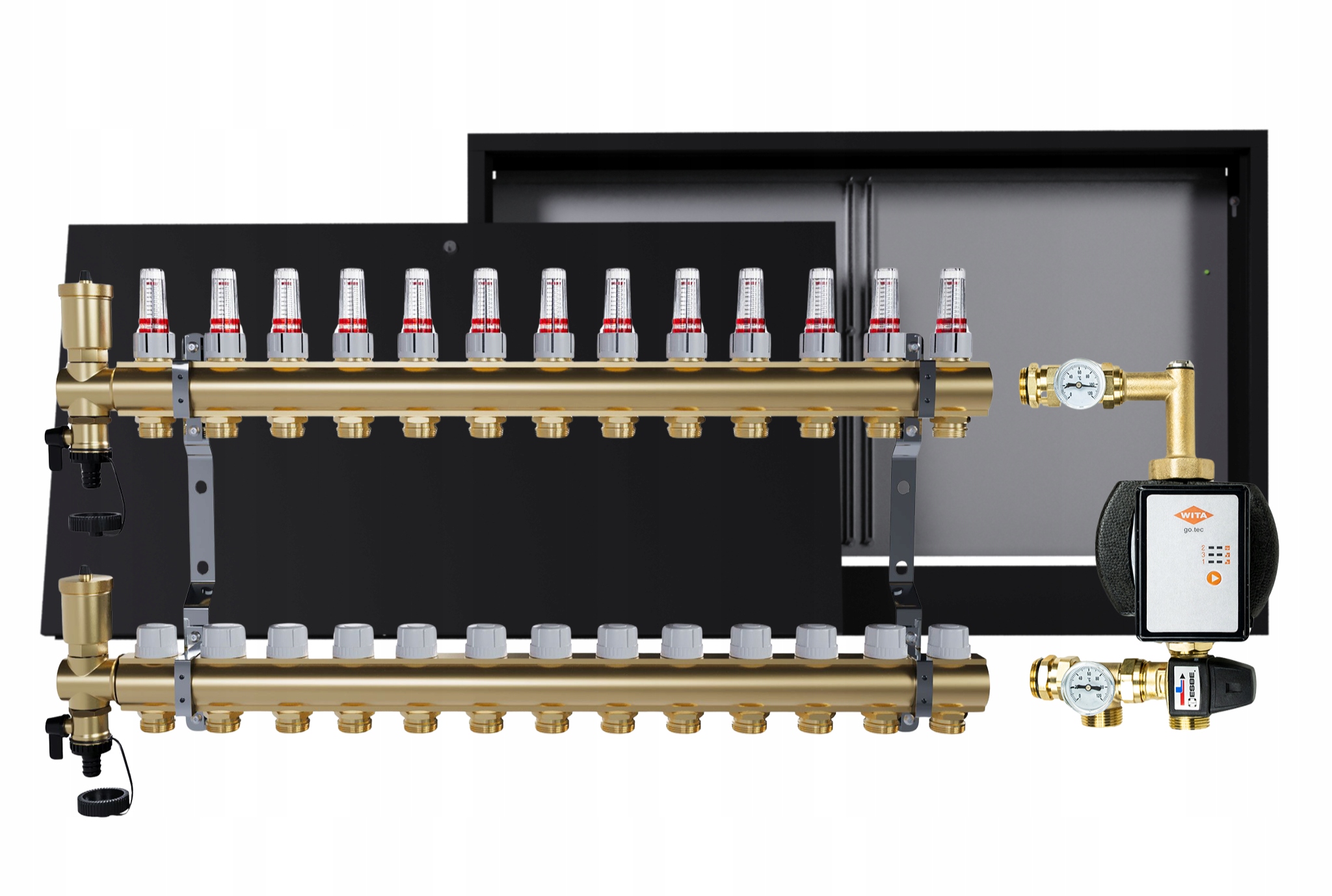 Rozdělovač pro podlahu 13 okruhů s čerpací skupinou Wita nástěnná skříňka
