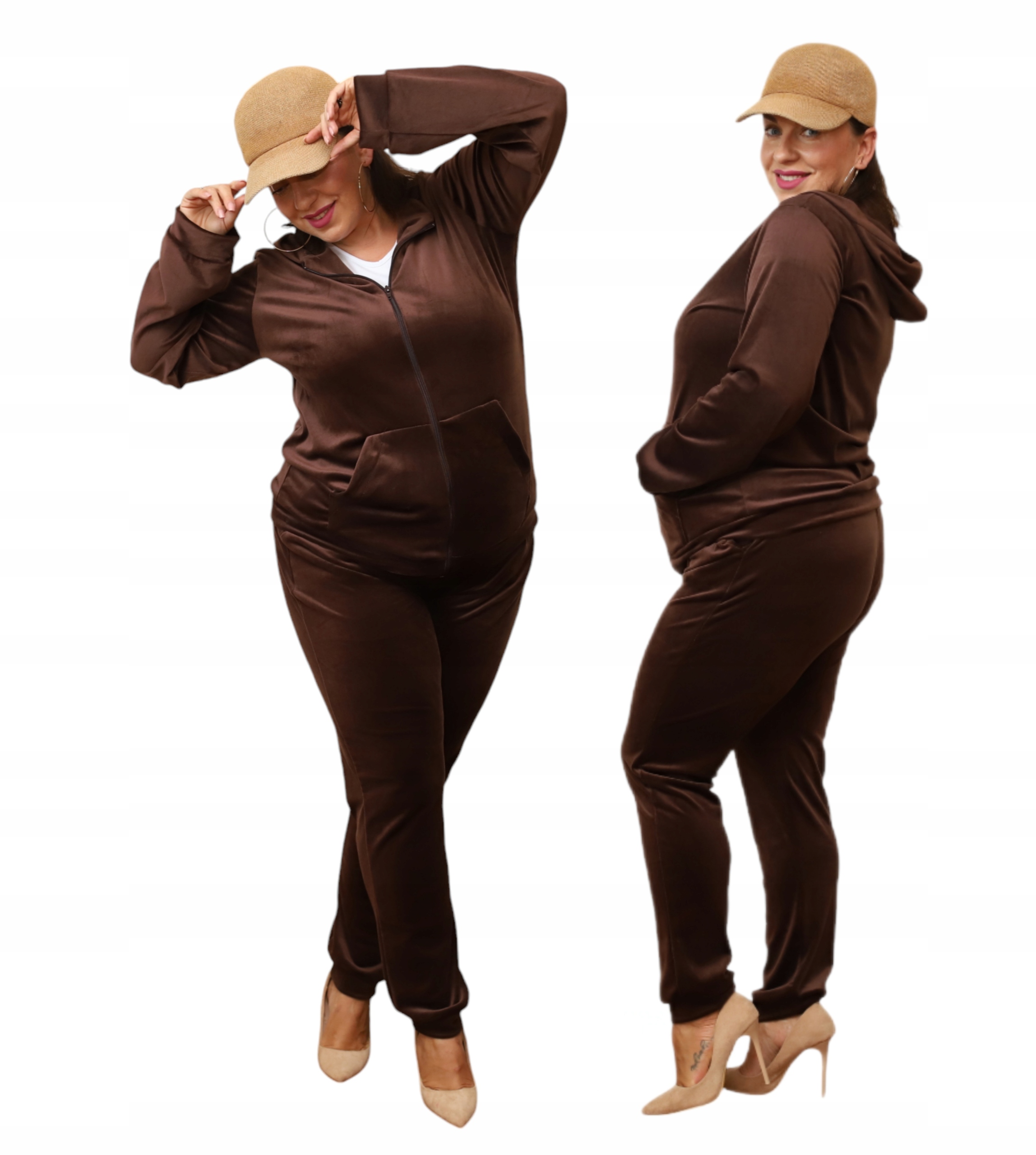 Komplet Dres Welurowy Na Suwak Plus Size r. 4XL Pl Czekoladowy