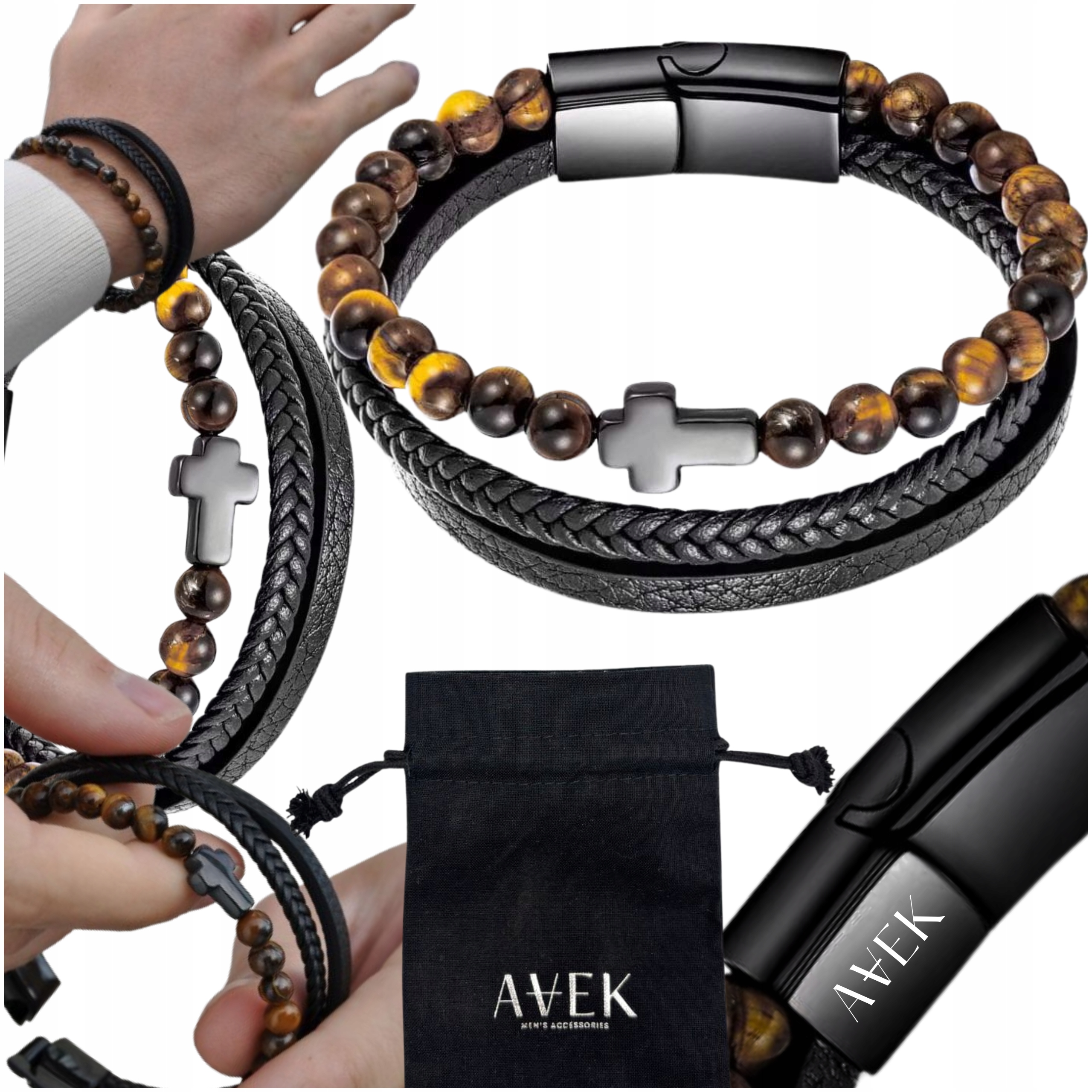 Pánský Náramek Kožený Černý Široký Kříž Ocel Kůže Jako Dárek 21 CM