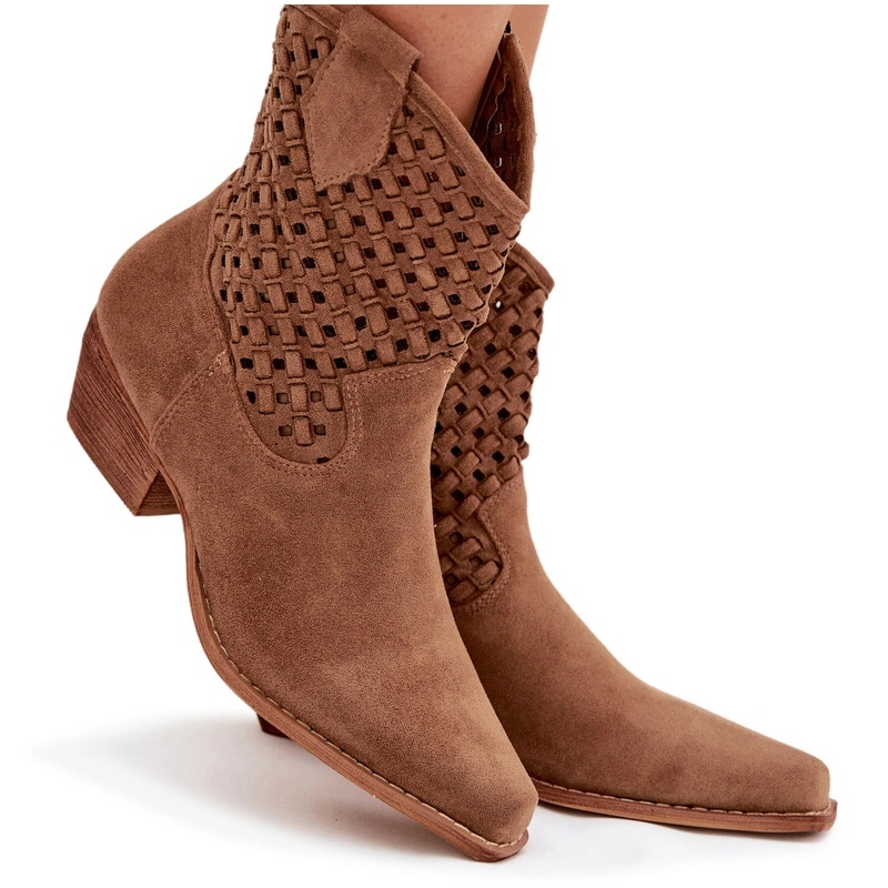 Dámské Kotníkové Boty Ažurové Na Podpatku Zip Eko Semišové Camel 39