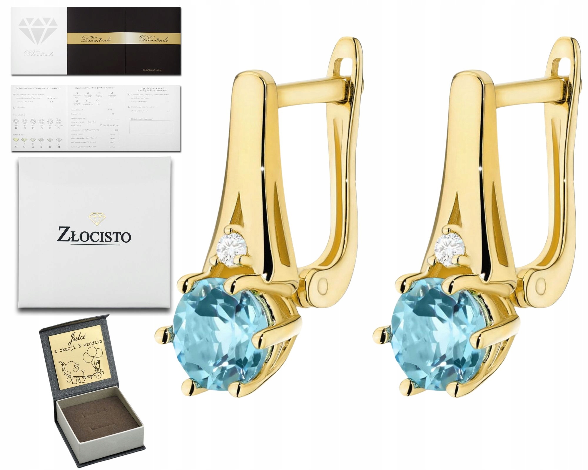 Zlaté Náušnice Přírodní Kámen Topaz Diamanty Zlato 585 14K