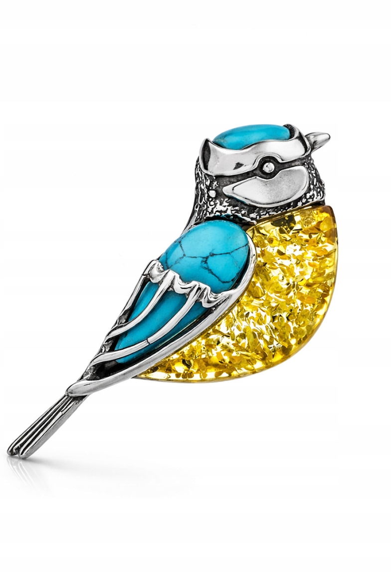 Stříbrná Brož Sýkorka Jantarově Tyrkysová