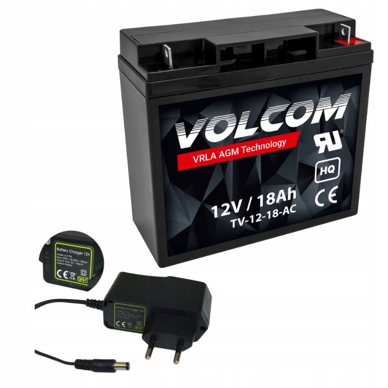 Akumulátor Agm 12V 18Ah Volcom (rozměr 17Ah 20Ah) Nabíječka 12V Zástrčka