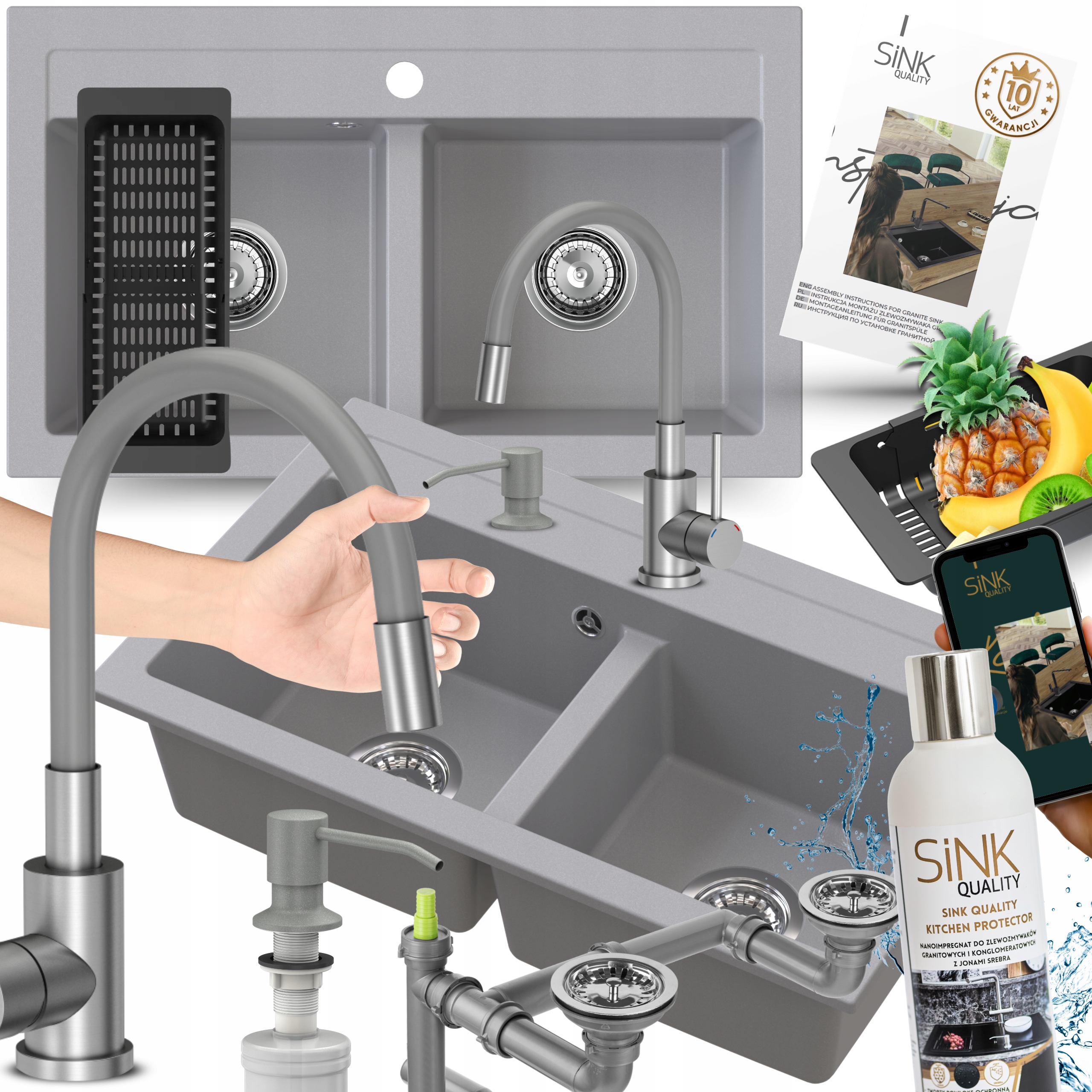 Dřez dvoukomorový Šedý granitový 80 cm Dřez Impregnace Velký