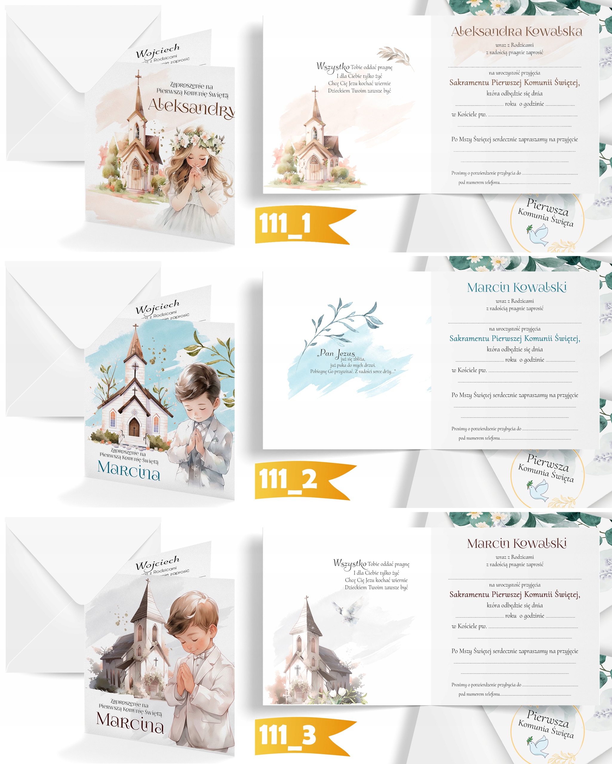 ZAPROSZENIA NA KOMUNIĘ PRZYJĘCIE IMIĘ DZIECKA + KOPERTA ELEGANCKI ZESTAW Wysokość produktu 14 cm