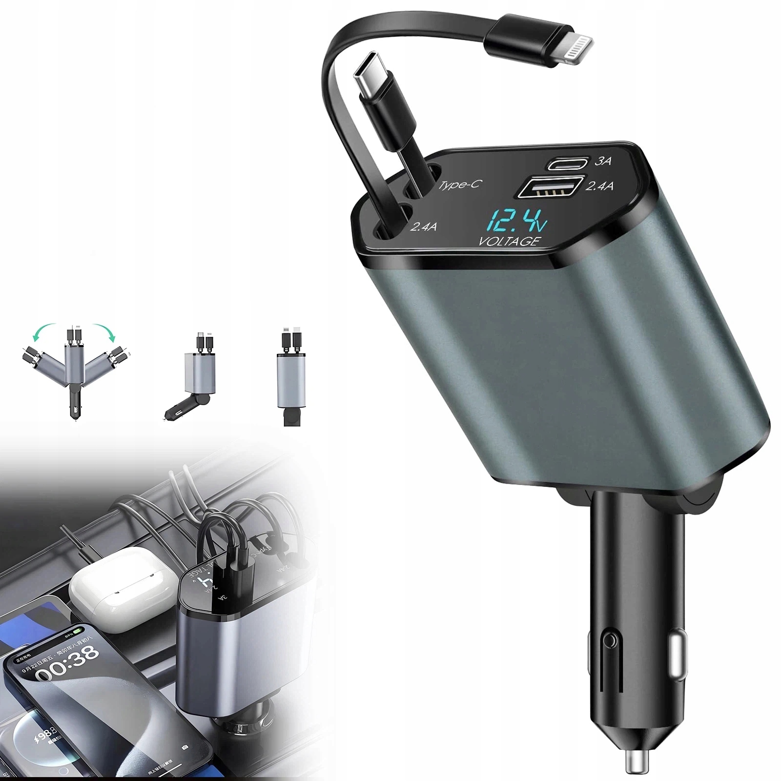 Ładowarka Samochodowa 4w1 Usb C Przebug Zwijak 120W Szybkie Ładowanie