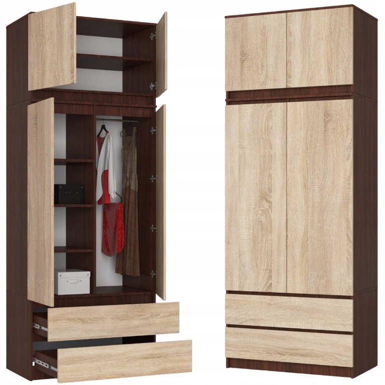 Szafa Z Nadstawką 2D 90 cm 6 Półek 2 Szuflady Wenge Dąb Sonoma