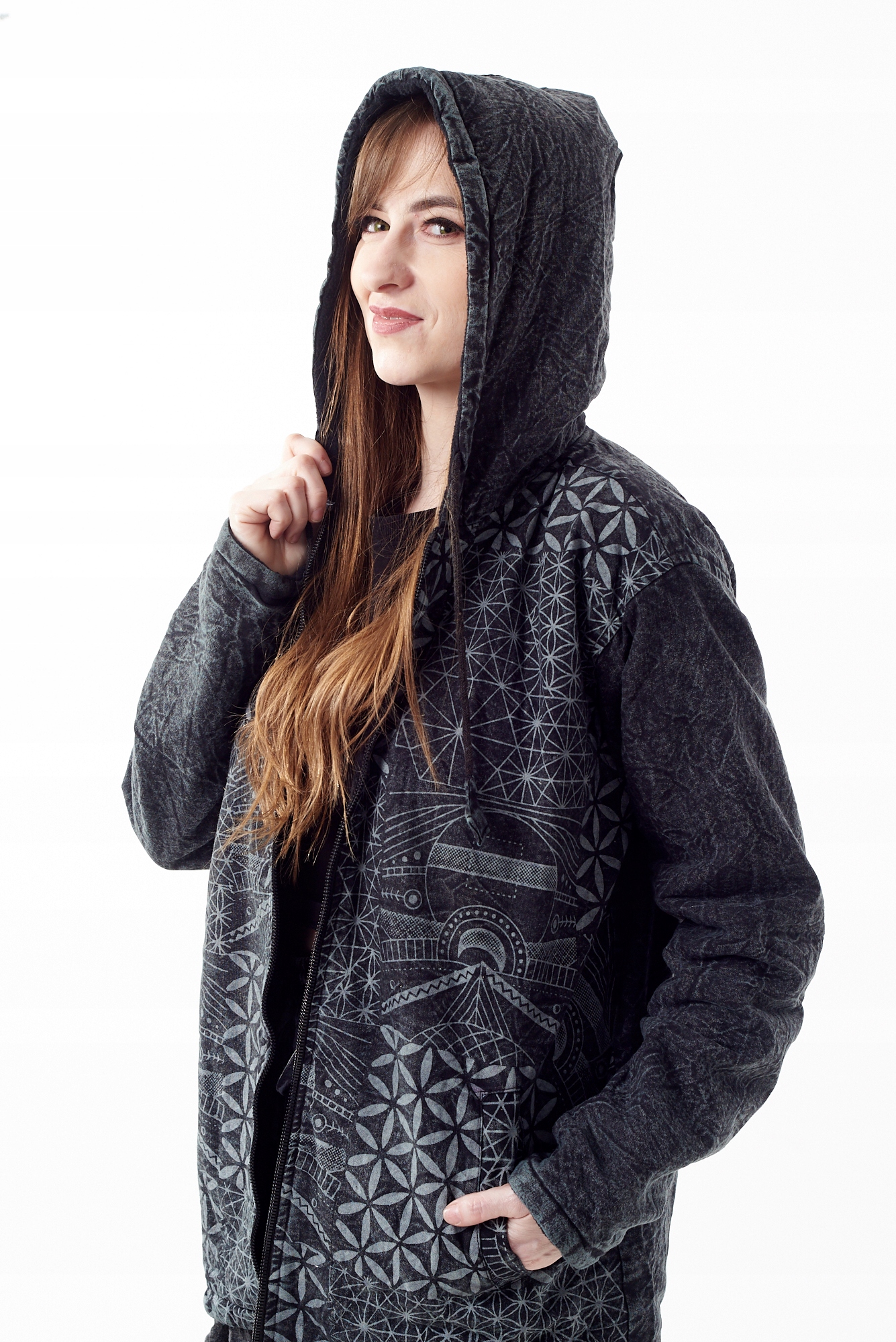 Psychedelická bunda s kapucí rozepínací mikina s hippie fleecem etno XL