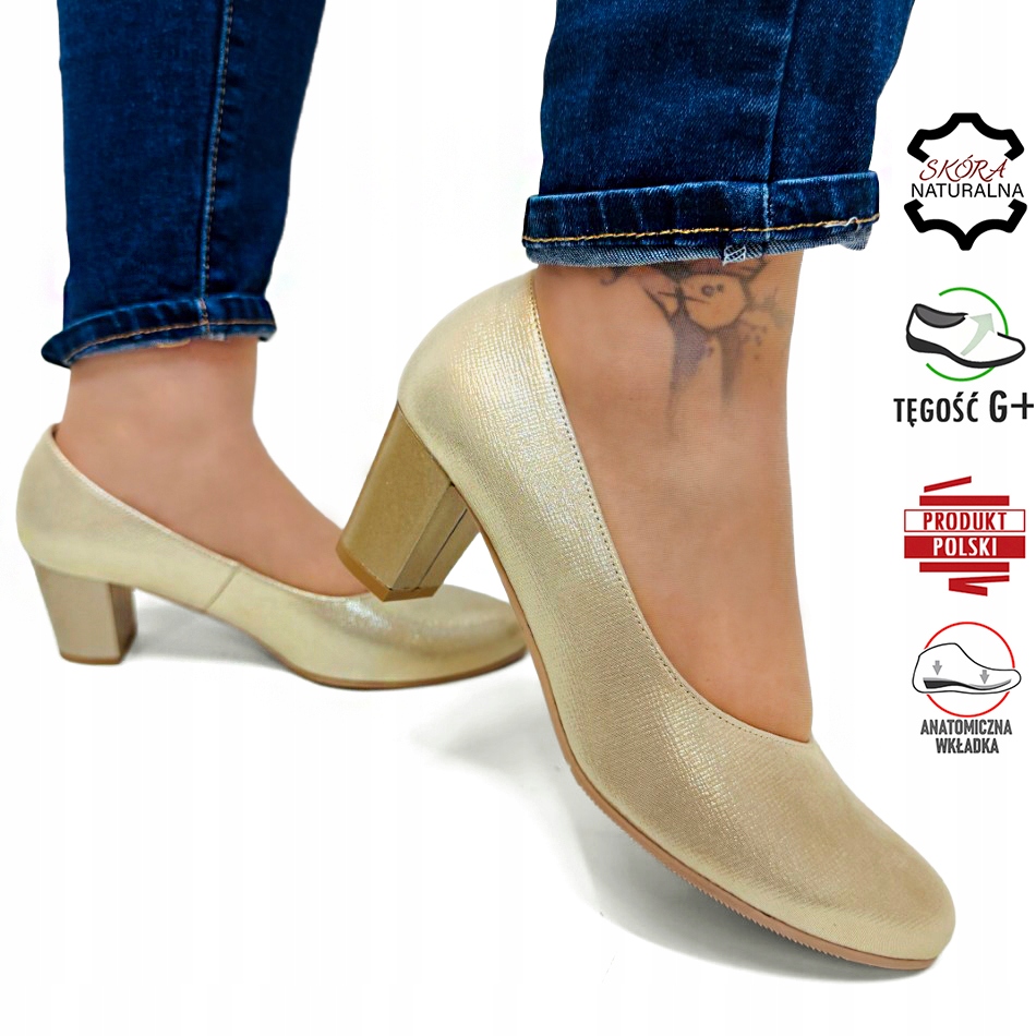 Zlaté Třpytivé Lodičky Na Podpatku S Měkkým Podpatkem, Širší Pro Halušky, Velikost 38