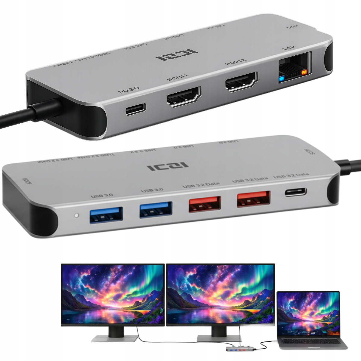Stacja dokująca na dwa monitory Hdmi rozgałęźnik portów Usb-c 3.0 RJ45 Hub