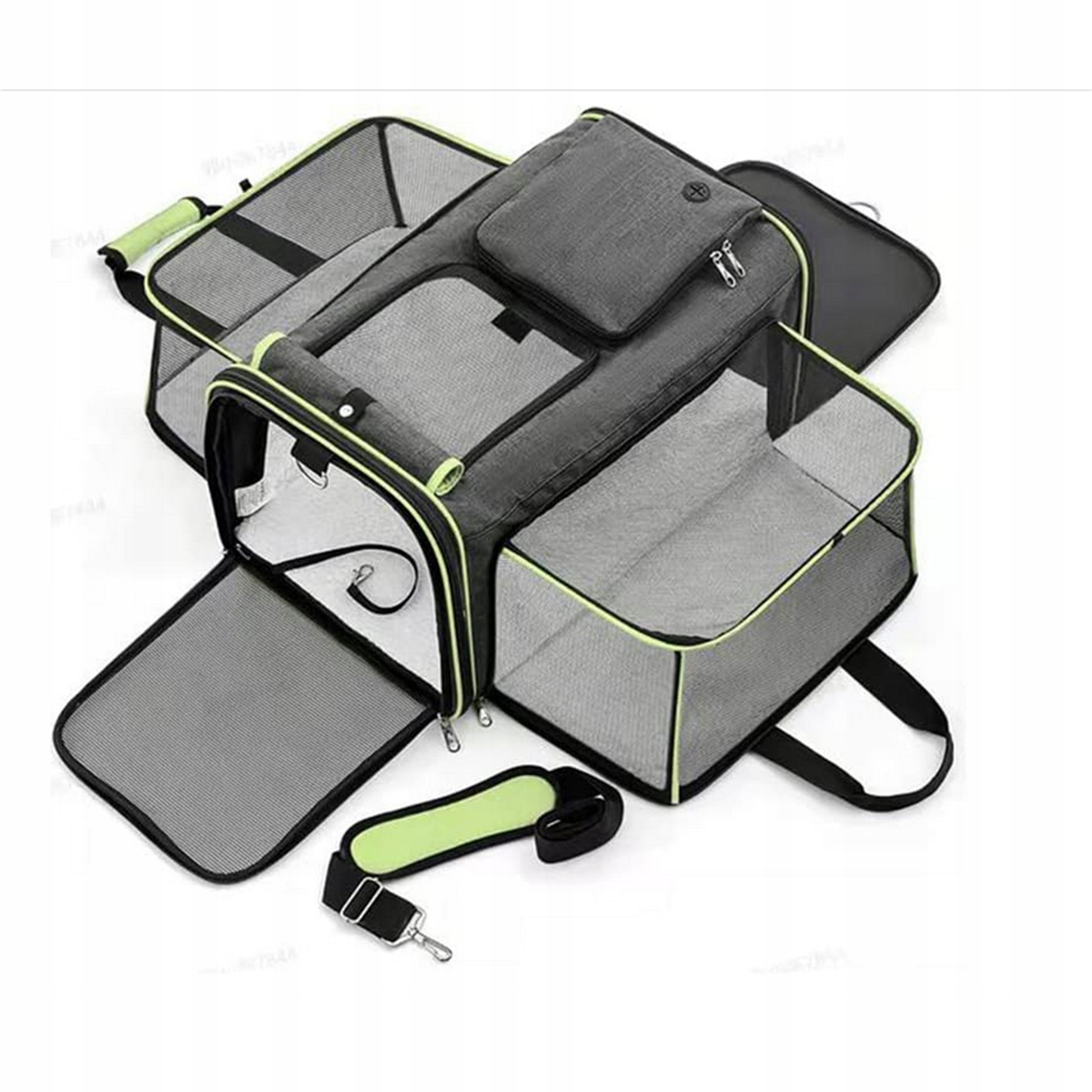 Přenosný nosič pro zvířata s prostorem pro akcesoria, šedý