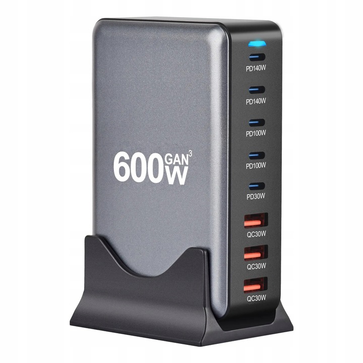 Stacja ładowania 600W 5xUSB-C, 3xUSB GaN3 szybkie ładowanie laptop telefon