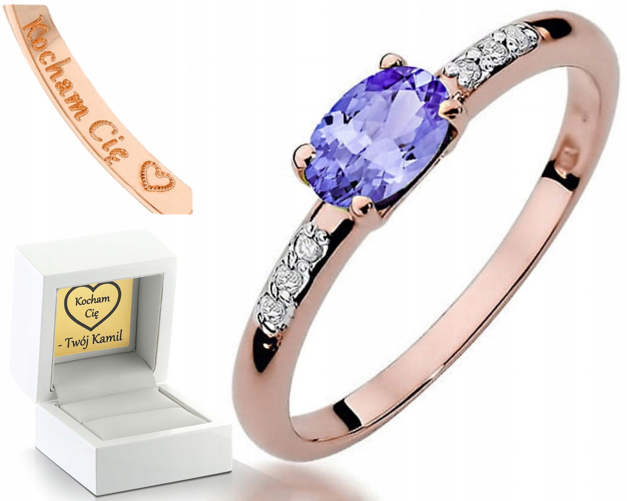 Prstýnek Z Růžového Zlata S Gravírování Tanzanitem A Diamanty 585