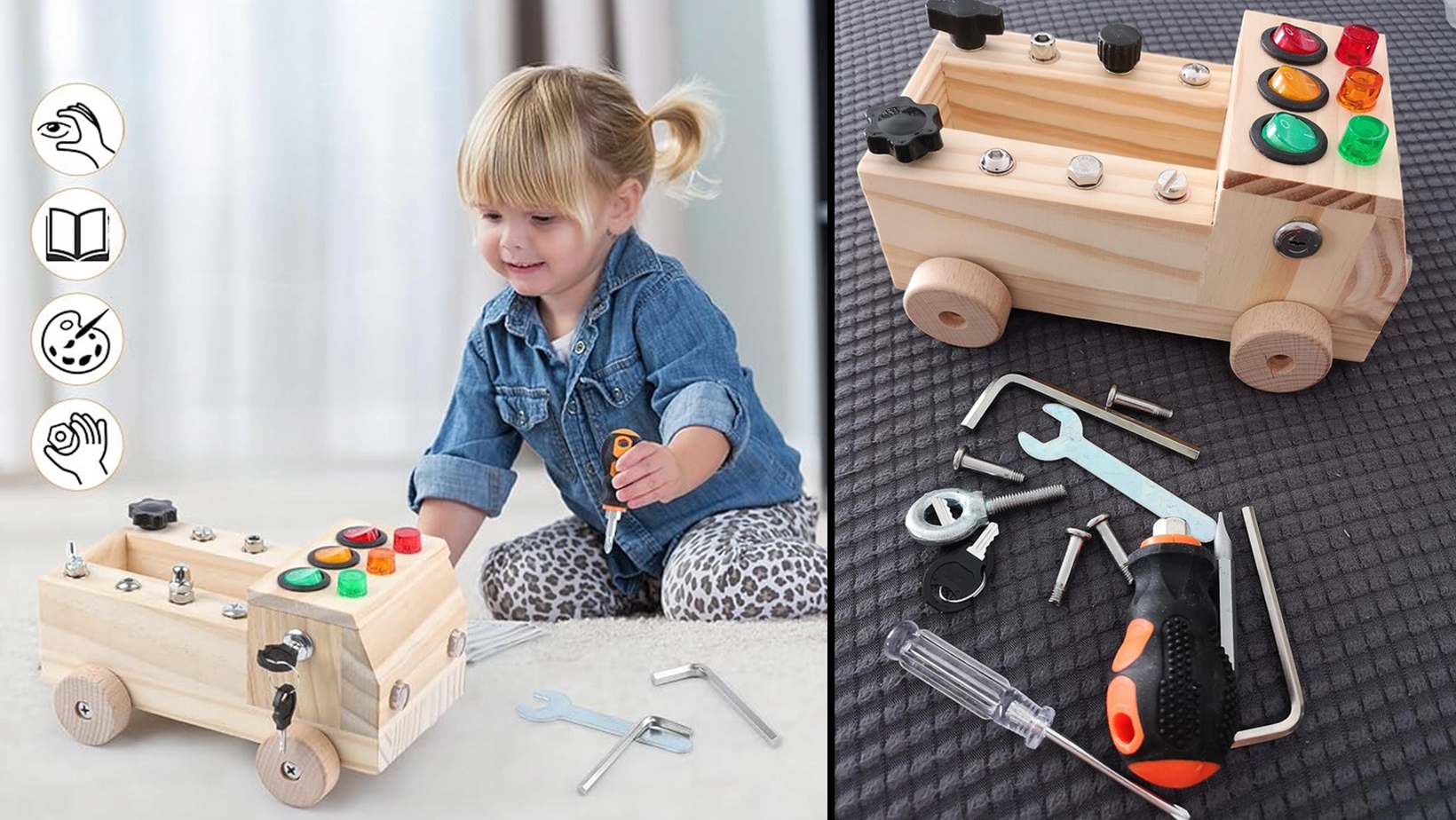 DREWNIANE AUTO SAMOCHÓD NARZĘDZIA MONTESSORI WARSZTAT INTERAKTYWNA ZABAWKA Stan opakowania oryginalne