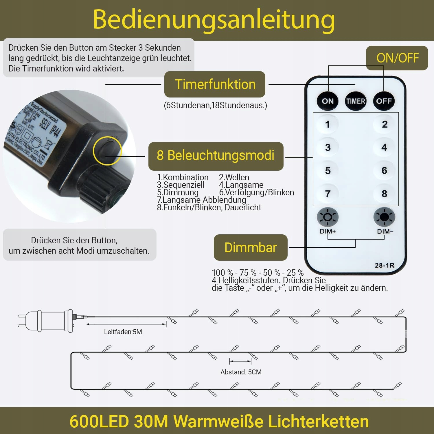 BIUDN Lampa 600LED Zewnętrzna 30M 8 Trybów Timer Ciepła Na Święta Wesela — miniatura 8
