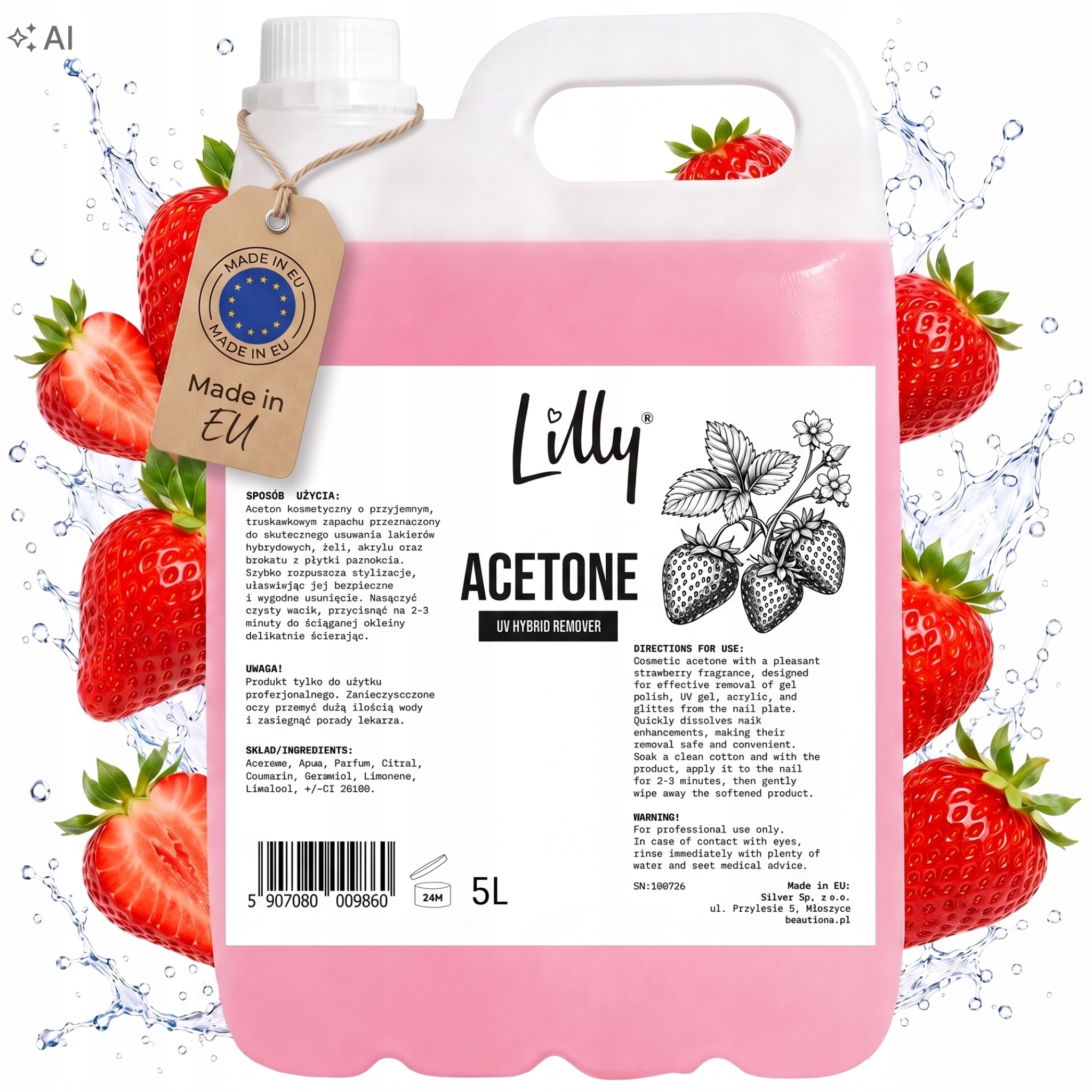 Aceton na nehty 5 l Jahoda pro odstranění hybridního laku z akrylového gelu