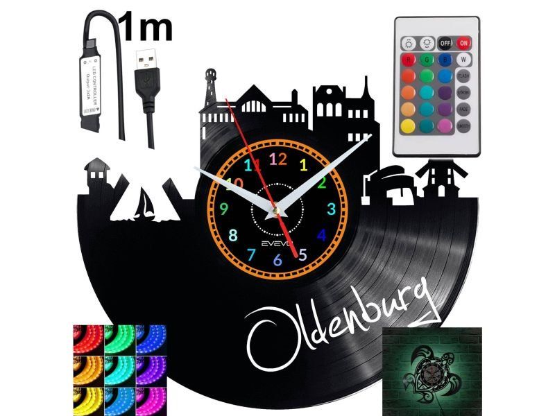 Oldenburg Nástěnné podsvícené Led hodiny Rgb na dálkové ovládání Vinylová deska Nowoc