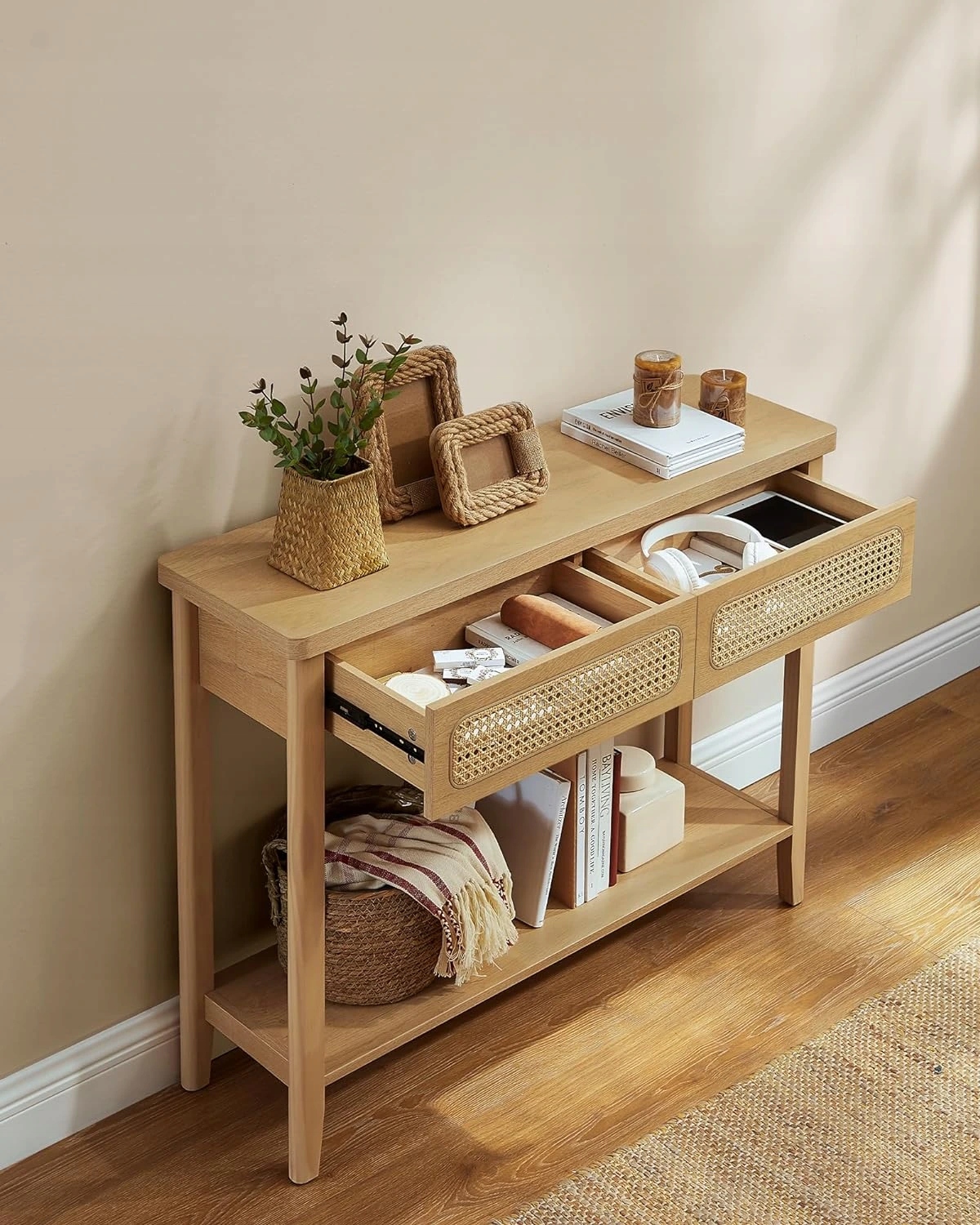 Konzolový stolík Boho 2 zásuvky svetlo hnedý