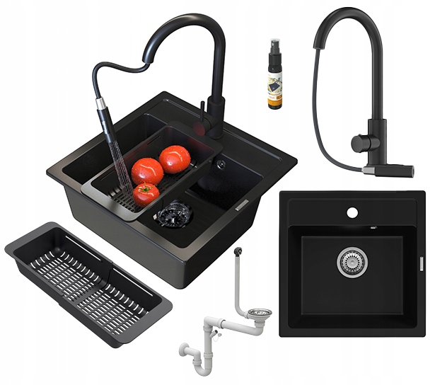 Dřez Černý granitový Malmo Sada Dřez baterie Loseto černá sifon