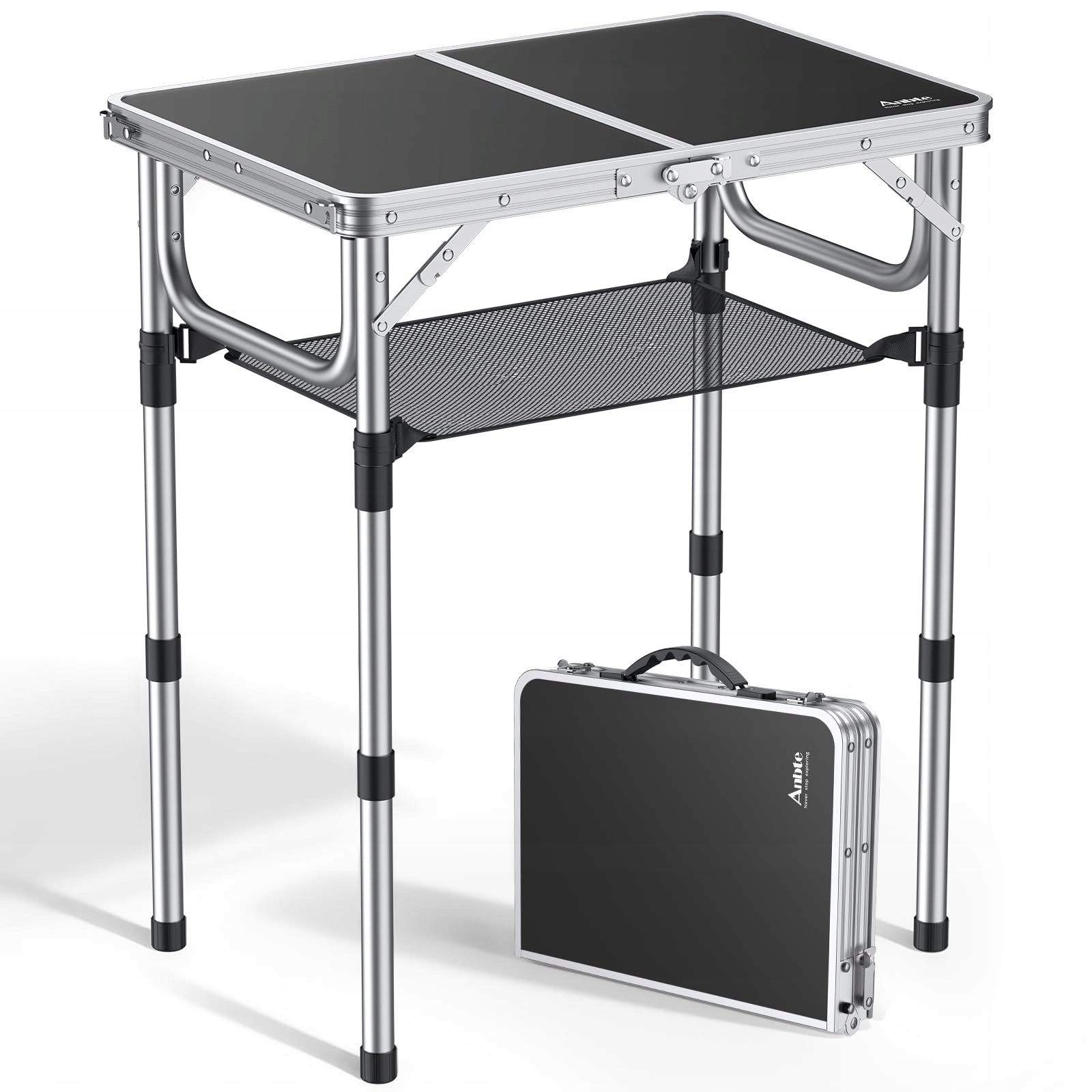 Stół kempingowy Anbte czarny składany 3 wysokości przenośny aluminiowy
