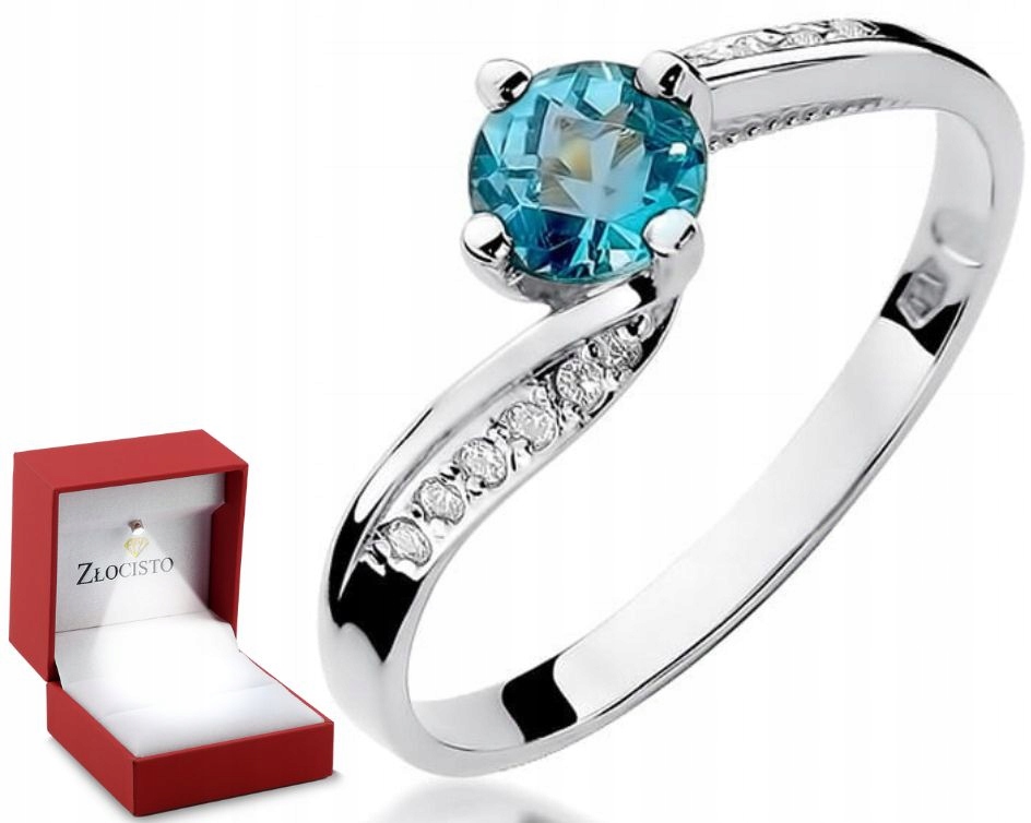 Bílé Zlato Prstýnek S Topazem, Diamanty, Gravírování