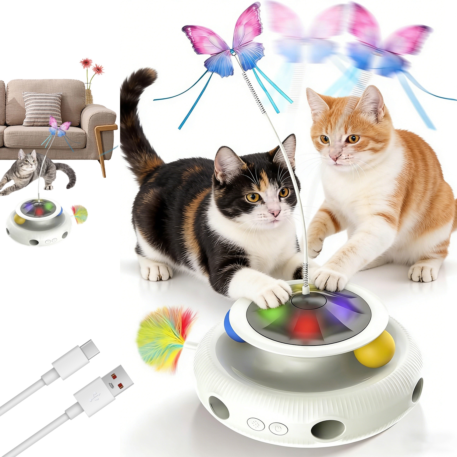 4V1 Interaktivní Věž Pro Kočky S Míčky Hračka Pírko Na Pružině