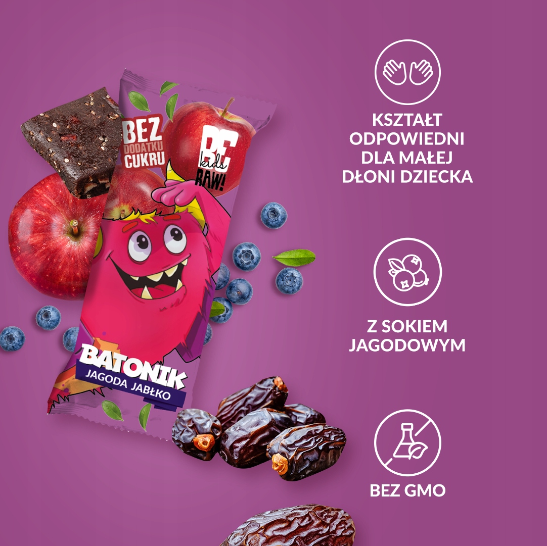 BeRAW! KIDS Batonik jagodowo-jabłkowy - owocowy bez cukru dla dzieci 25g Wiek podawania brak informacji