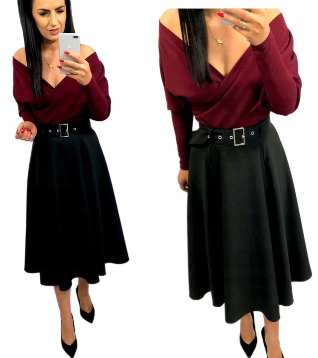 Sukně midi za koleno s páskem a přezkou Černá L