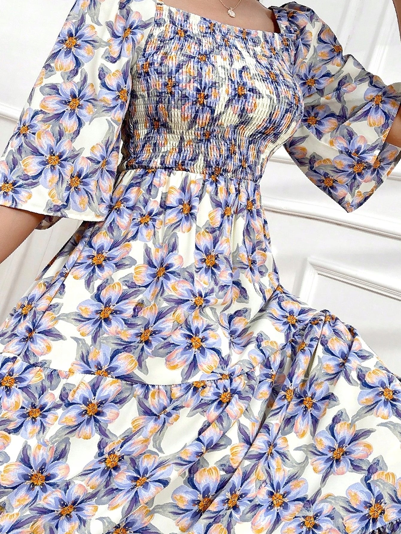 Šaty Dlouhá s květinami Rozevřená Elastický výstřih Boho M