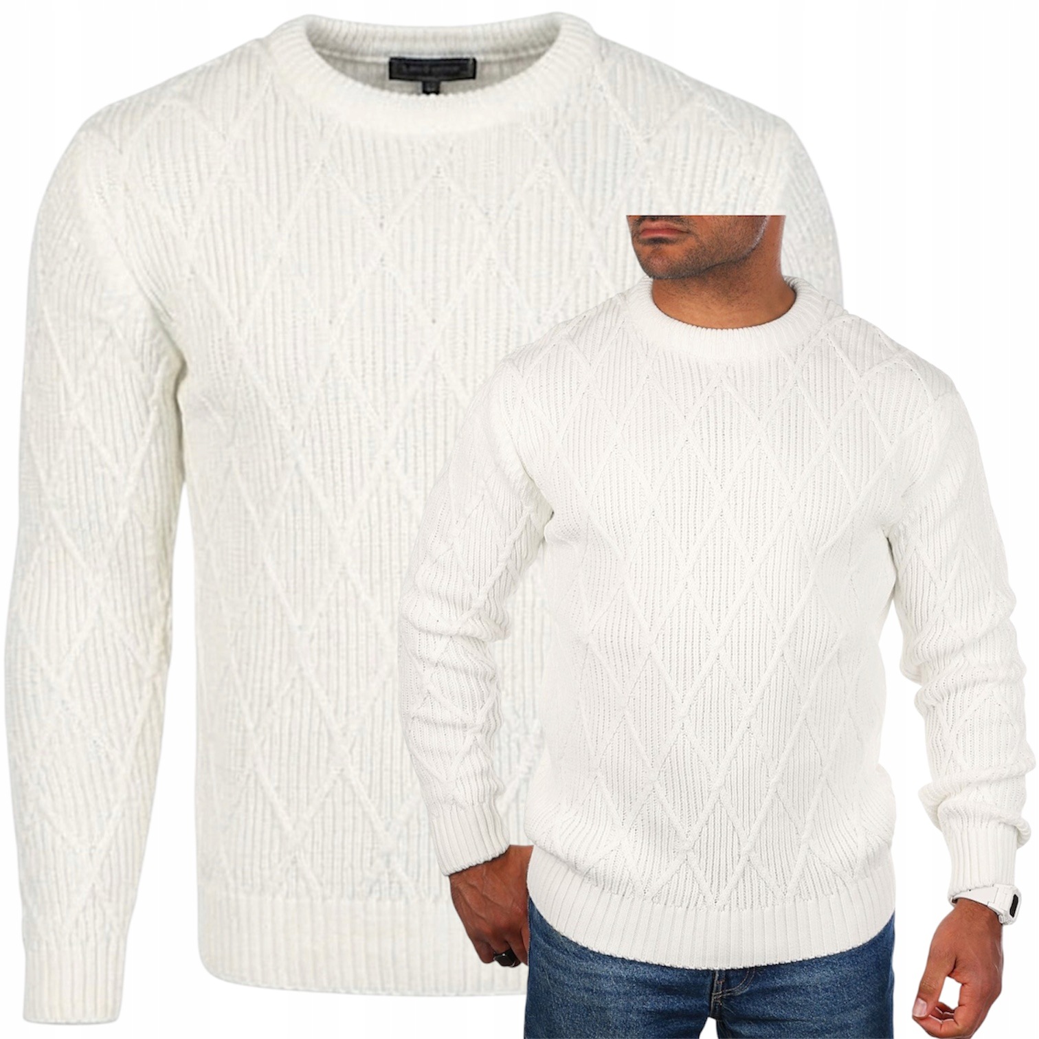 Pánský elegantní tlustý teplý svetr Romby s kulatým výstřihem Ecru XXL