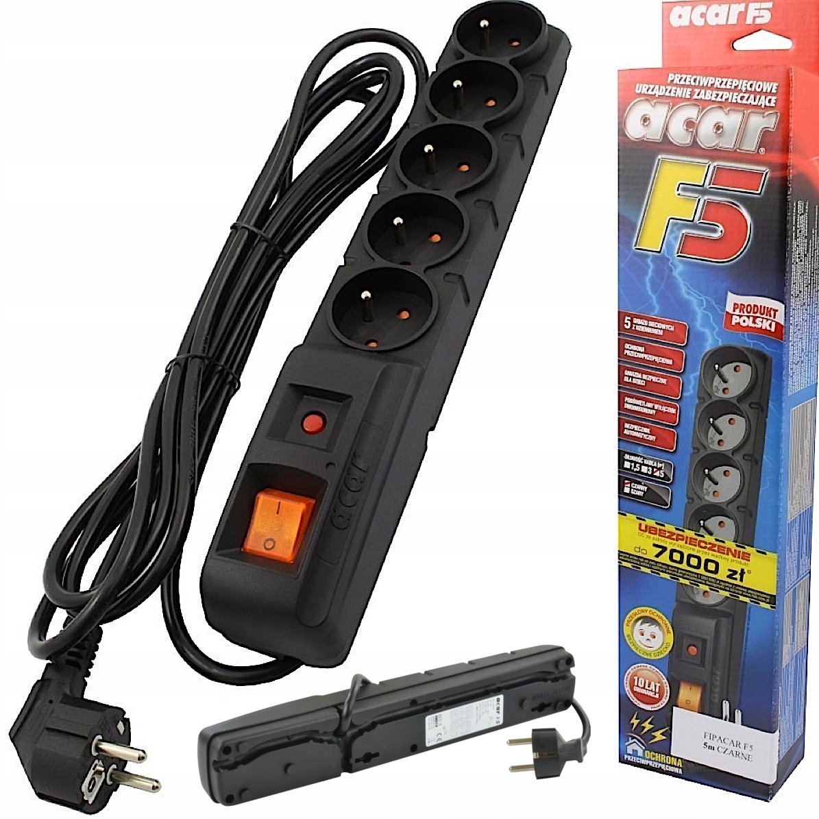 Acar F5 Przedłużacz Listwa Zasilająca Antyprzepięciowa 5 Gniazd 5m Czarna