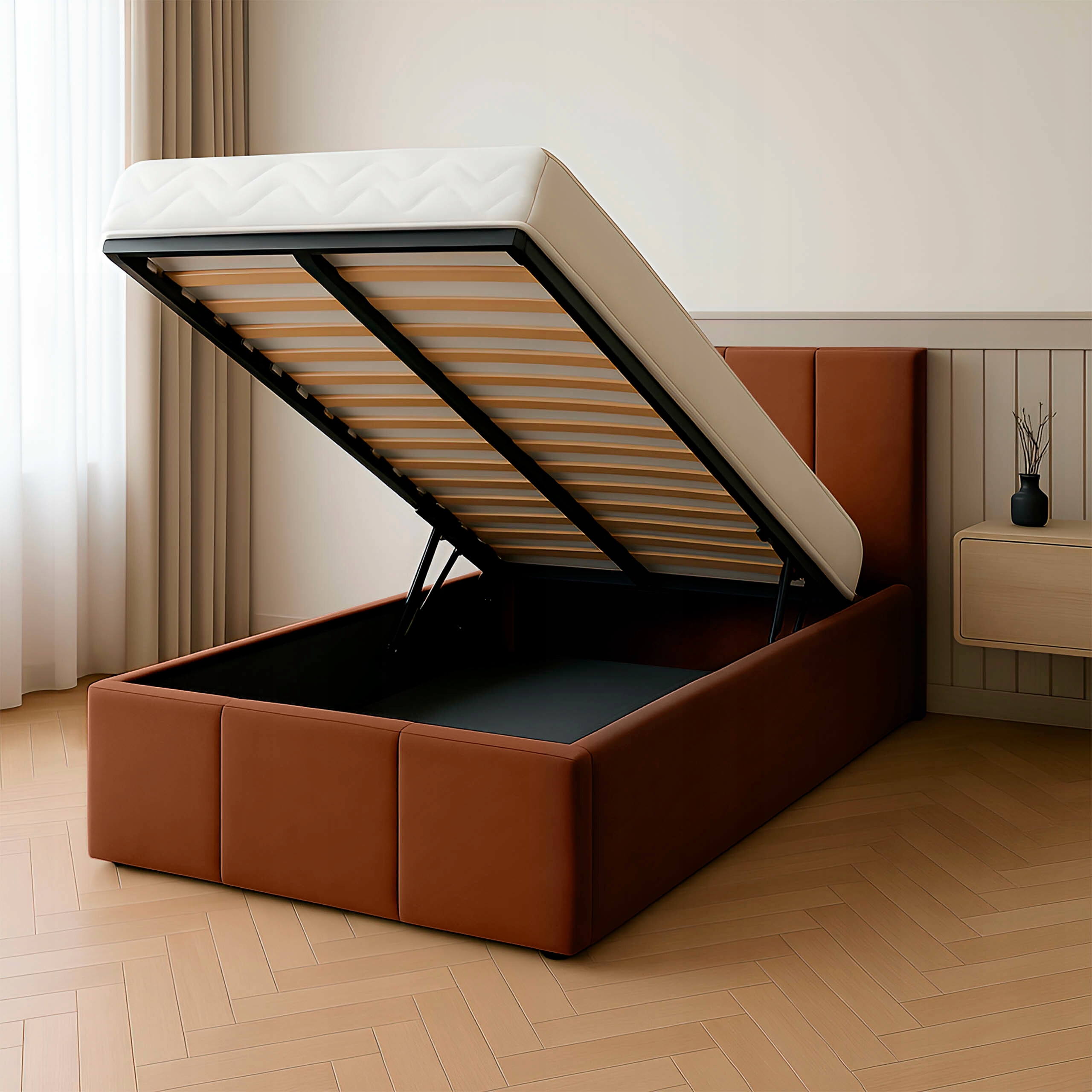 Jednolůžko 90x200 cm Čalouněné Lůžko S Medovým Úložným Prostorem