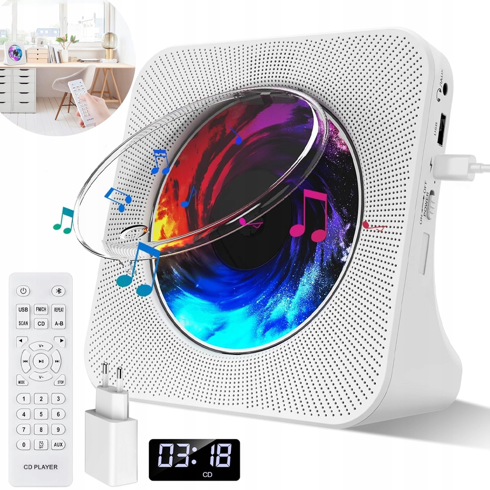 Přenosný CD Přehrávač, Duální Hifi Bluetooth Reproduktory, Fm Rádio Dálkové Ovládání