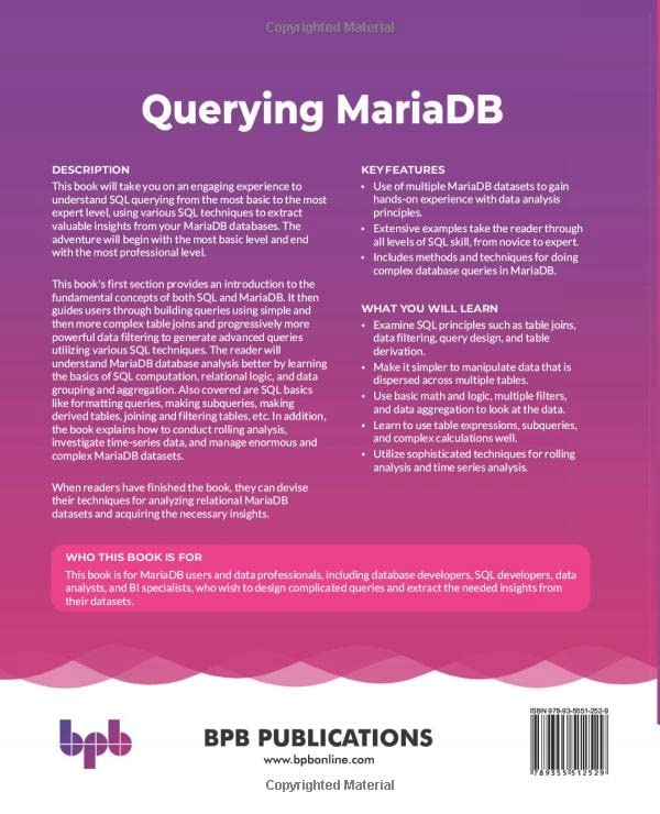 Aspin, Adam Querying MariaDB: Use SQL Operations,Data Extraction, and Custo Język publikacji angielski